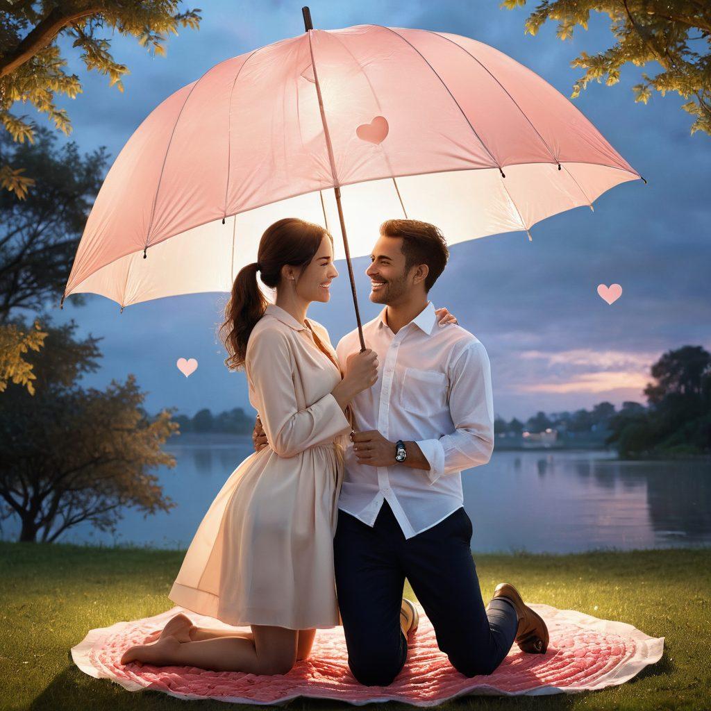 A couple happily embracing each other under a protective, translucent umbrella, symbolizing insurance as a safety net. Surround them with elements representing love and finances, like hearts, coins, and policy documents floating gently around them. Soft lighting to convey a sense of warmth and security. The background should feature a serene landscape, enhancing the feeling of protection. super-realistic. soft pastel colors. peaceful ambiance.