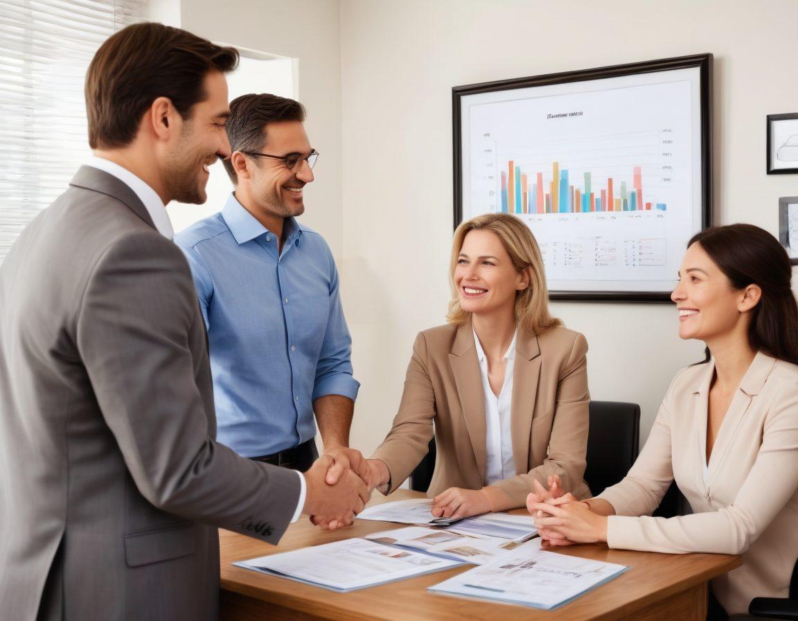 A warm and inviting scene of an insurance agent discussing policies with a diverse group of clients in a cozy office setting, highlighting personal interactions and trust-building. Incorporate elements like a handshake, charts on the wall showing growth, and framed photographs of happy families. The atmosphere should convey security and empathy, with soft lighting and comfortable furniture. vibrant colors. super-realistic. cozy setting.