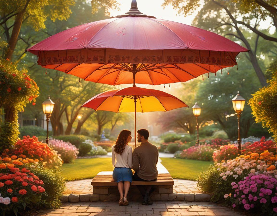 A cozy couple holding hands while sitting together under a large umbrella, surrounded by symbols of protection like a heart-shaped shield and glowing insurance documents. The background features a serene park with blooming flowers, emphasizing warmth and security in love. Soft lighting creates a romantic atmosphere, enhancing the theme of protection in relationships. super-realistic. vibrant colors.